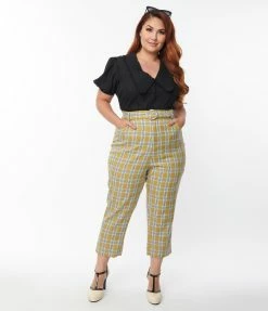 Unique Vintage Plus Size Pale Green Plaid Belted Crop Pants
