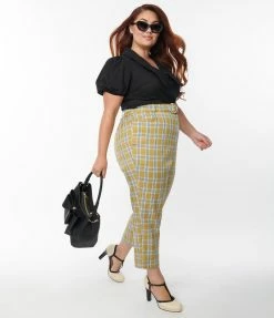 Unique Vintage Plus Size Pale Green Plaid Belted Crop Pants