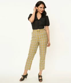 Unique Vintage Pale Green Plaid Belted Crop Pants