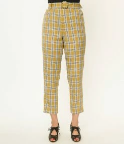 Unique Vintage Pale Green Plaid Belted Crop Pants