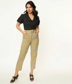 Unique Vintage Pale Green Plaid Belted Crop Pants