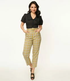 Unique Vintage Pale Green Plaid Belted Crop Pants