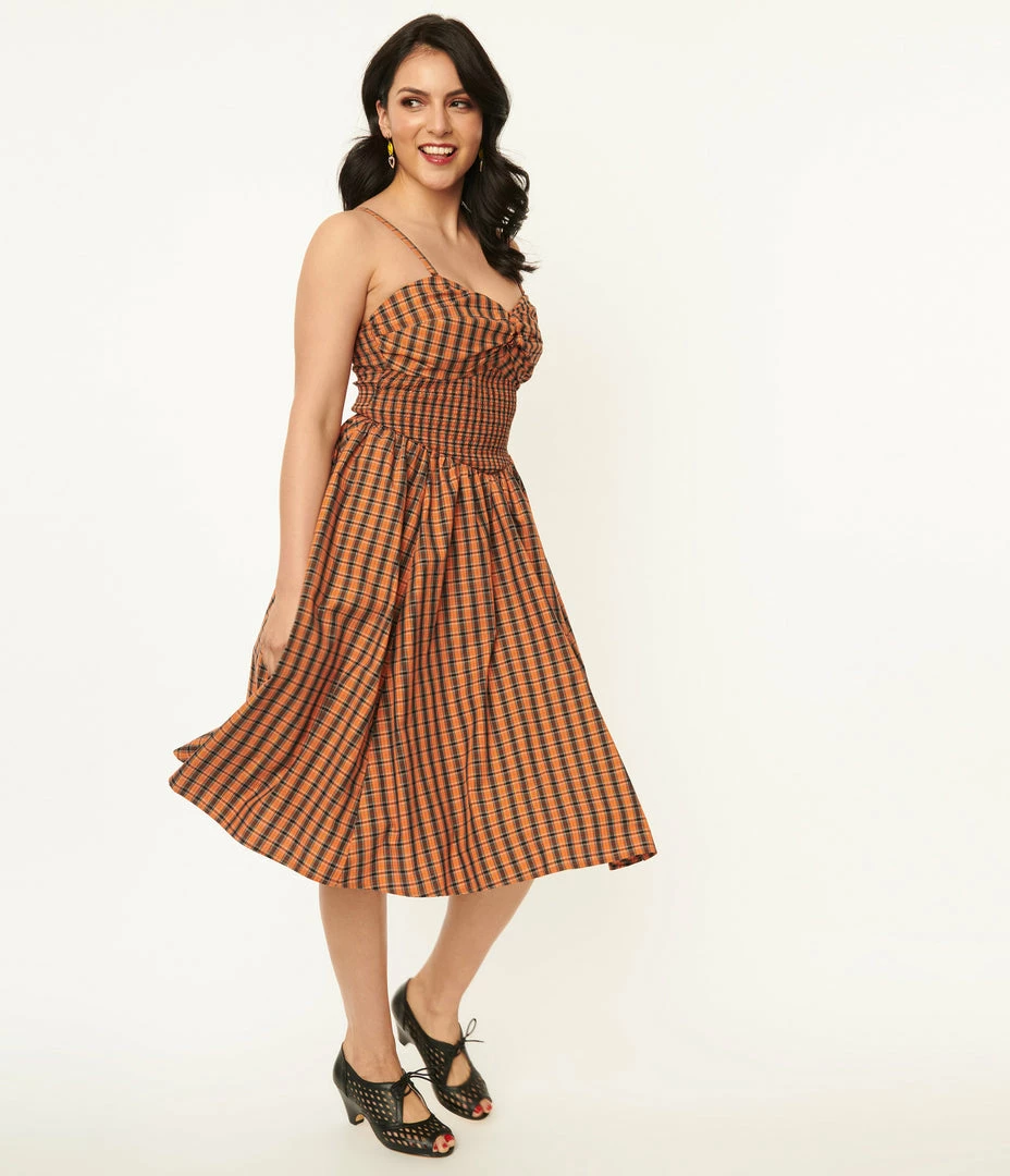 Sale Unique Vintage 1950s Orange & Black Plaid Shimmy & Shake Swing Dress
