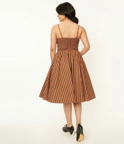 Sale Unique Vintage 1950s Orange & Black Plaid Shimmy & Shake Swing Dress