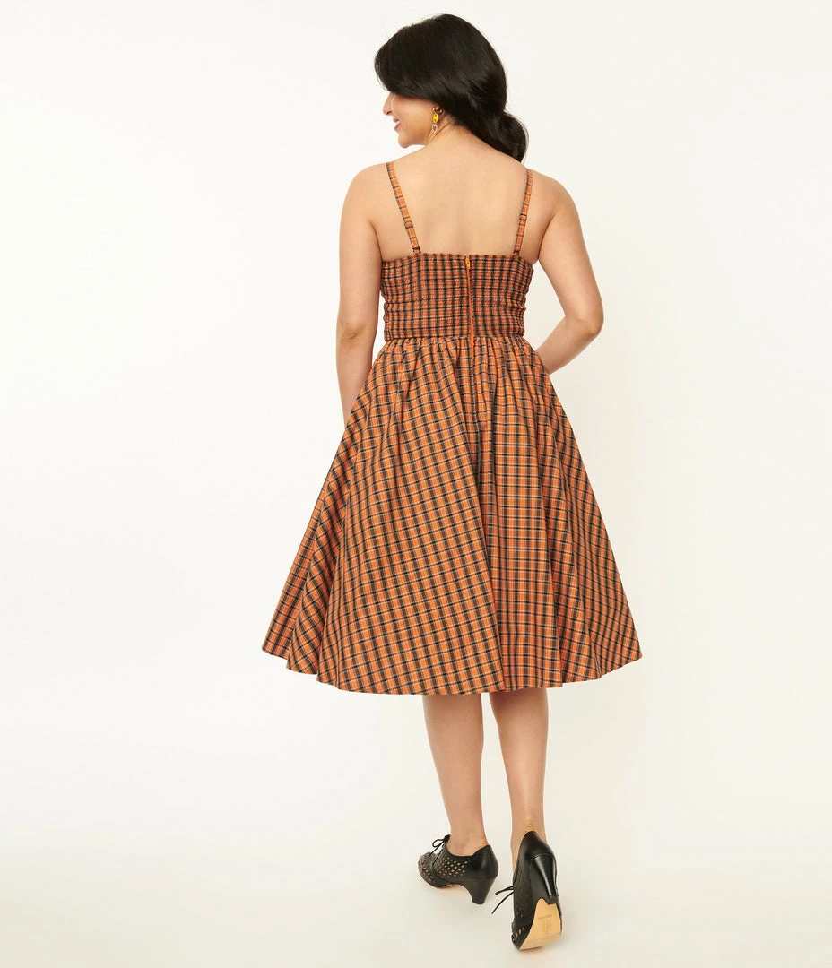 Sale Unique Vintage 1950s Orange & Black Plaid Shimmy & Shake Swing Dress