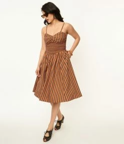 Sale Unique Vintage 1950s Orange & Black Plaid Shimmy & Shake Swing Dress