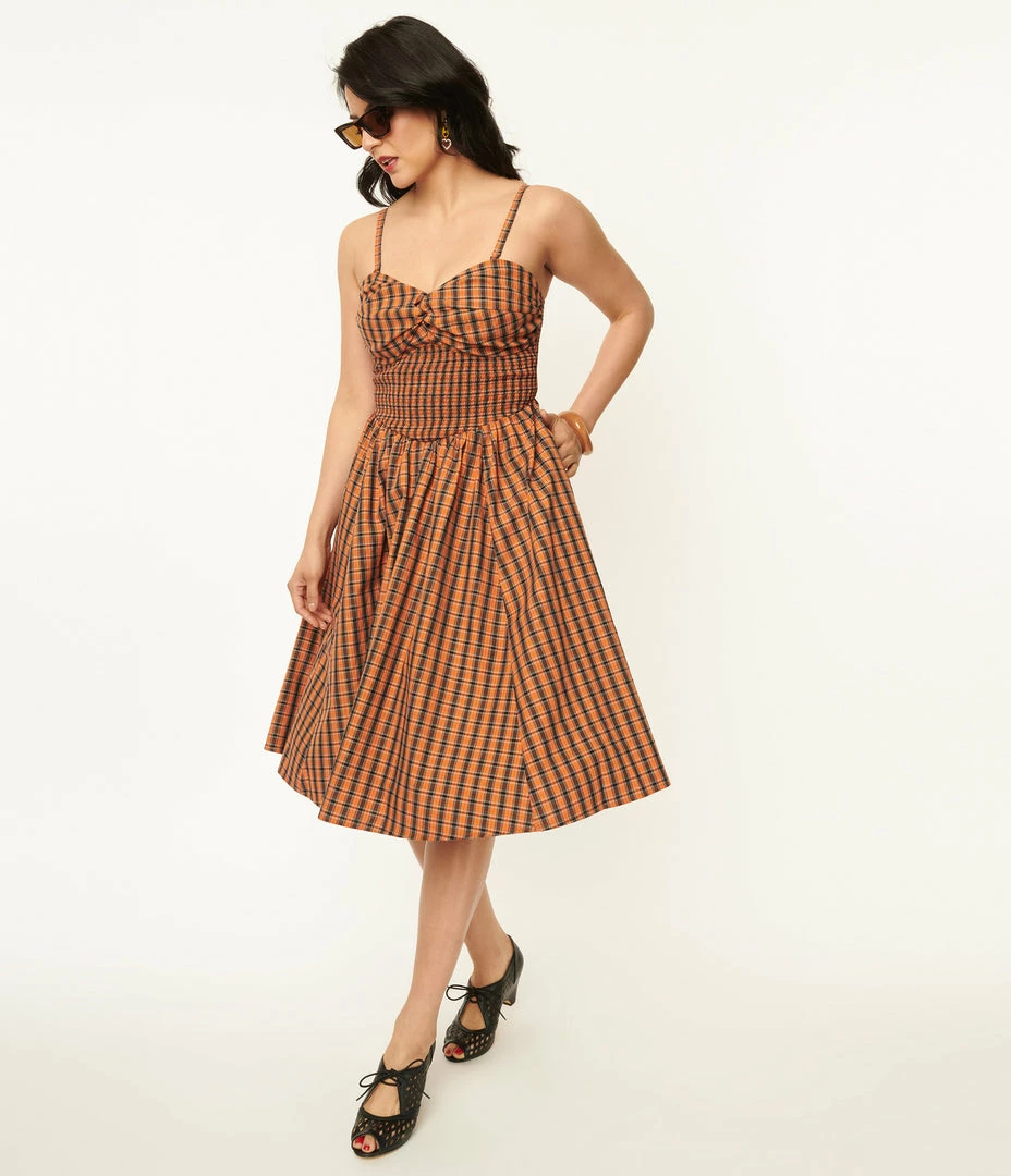 Sale Unique Vintage 1950s Orange & Black Plaid Shimmy & Shake Swing Dress
