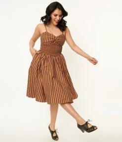 Sale Unique Vintage 1950s Orange & Black Plaid Shimmy & Shake Swing Dress