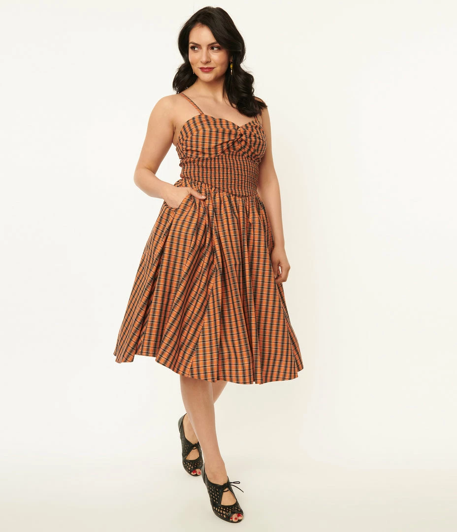 Sale Unique Vintage 1950s Orange & Black Plaid Shimmy & Shake Swing Dress