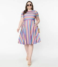 Sale Unique Vintage Plus Size Neapolitan Stripes Short Sleeve Nicole Swing Dress