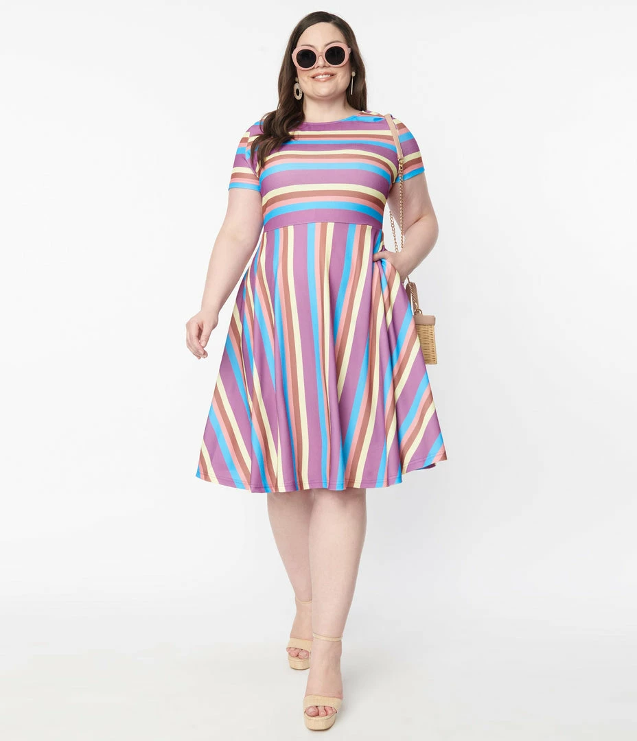 Sale Unique Vintage Plus Size Neapolitan Stripes Short Sleeve Nicole Swing Dress