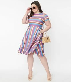 Sale Unique Vintage Plus Size Neapolitan Stripes Short Sleeve Nicole Swing Dress