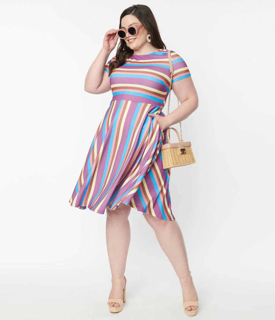 Sale Unique Vintage Plus Size Neapolitan Stripes Short Sleeve Nicole Swing Dress