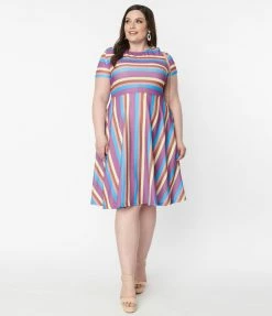 Sale Unique Vintage Plus Size Neapolitan Stripes Short Sleeve Nicole Swing Dress