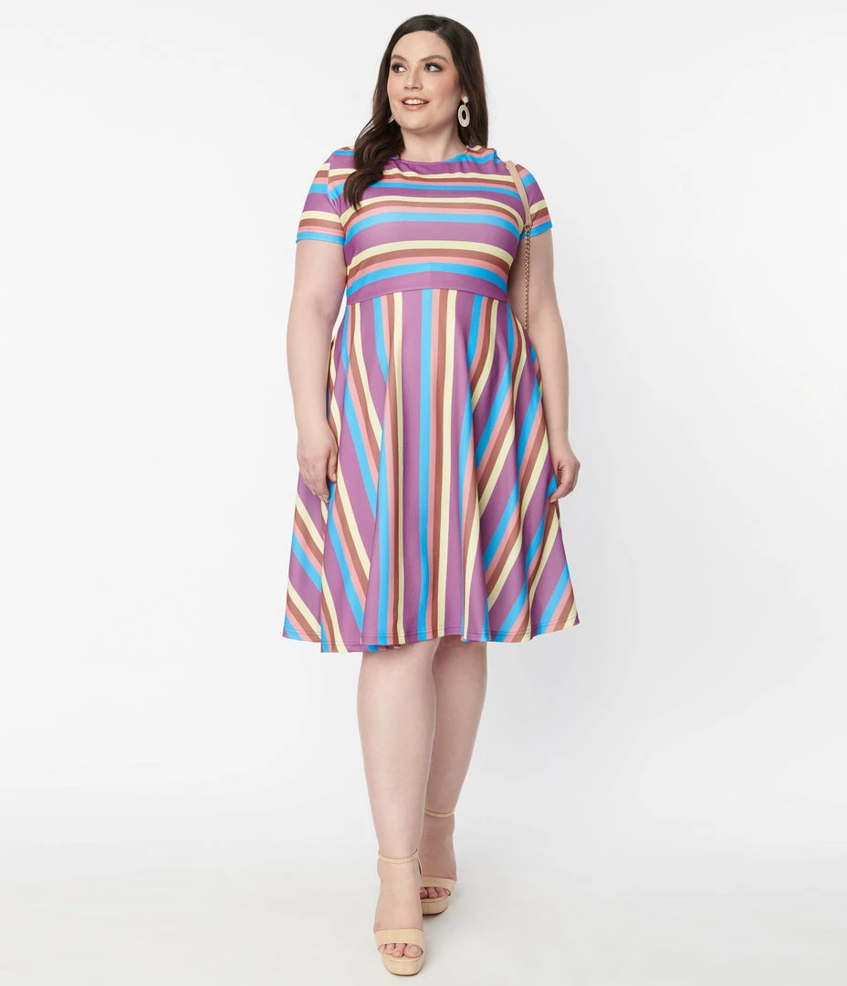 Sale Unique Vintage Plus Size Neapolitan Stripes Short Sleeve Nicole Swing Dress