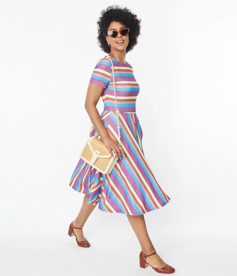 Unique Vintage Neapolitan Stripes Short Sleeve Nicole Swing Dress Sale