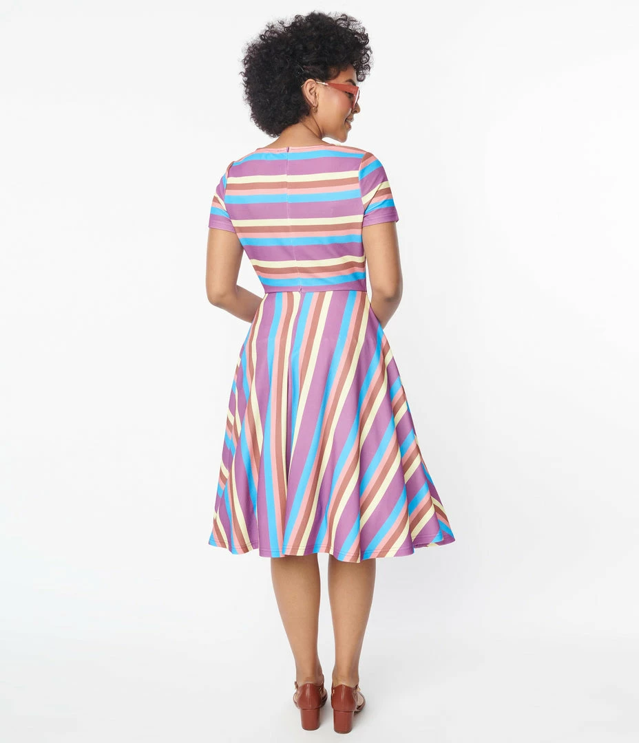 Unique Vintage Neapolitan Stripes Short Sleeve Nicole Swing Dress Sale