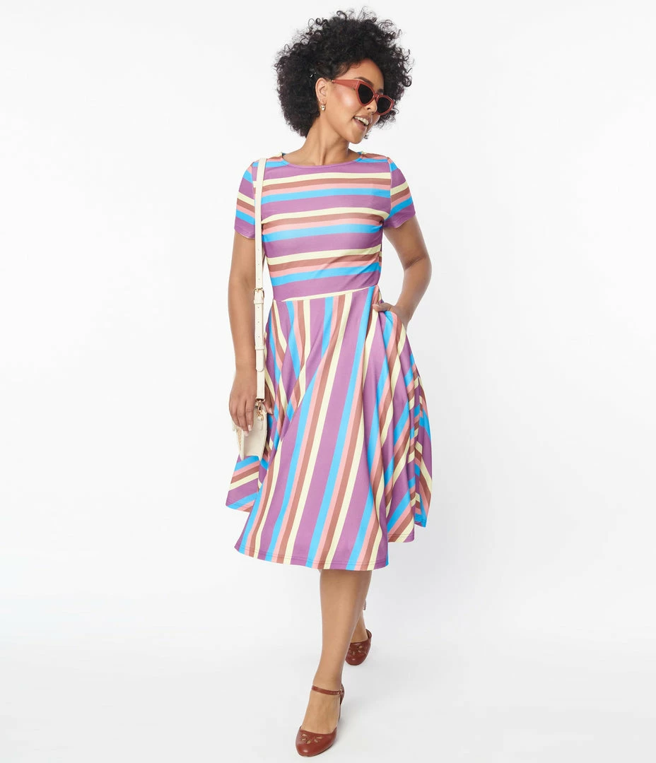 Unique Vintage Neapolitan Stripes Short Sleeve Nicole Swing Dress Sale