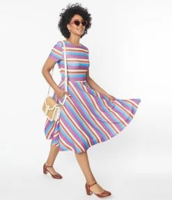 Unique Vintage Neapolitan Stripes Short Sleeve Nicole Swing Dress Sale