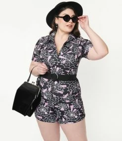 Smak Parlour Plus Size Black & Purple Spiderweb Print Belted Romper