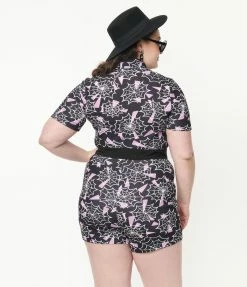 Smak Parlour Plus Size Black & Purple Spiderweb Print Belted Romper