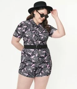 Smak Parlour Plus Size Black & Purple Spiderweb Print Belted Romper
