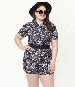 Smak Parlour Plus Size Black & Purple Spiderweb Print Belted Romper