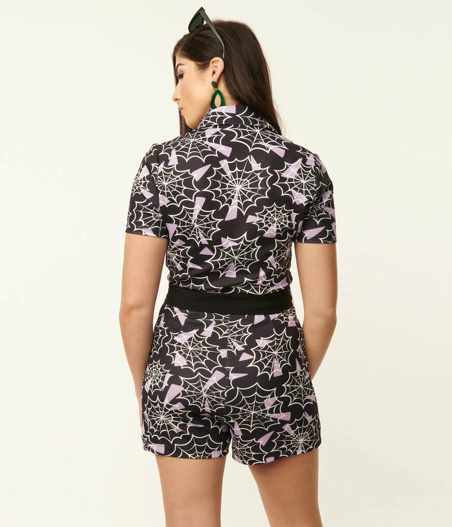 Smak Parlour Black & Purple Spiderweb Print Belted Romper Sale