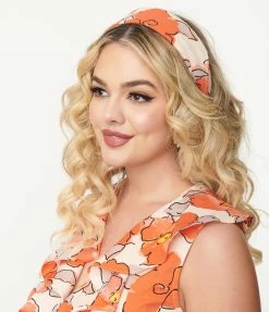 Hair Accessories Unique Vintage Cream & Orange Floral Print Hair Scarf