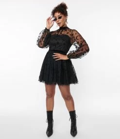 Unique Vintage Black Flocked Moon & Stars Flare Dress