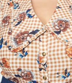 Unique Vintage Plus Size Rust Gingham & Floral Print Blouse Sale
