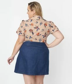 Unique Vintage Plus Size Rust Gingham & Floral Print Blouse Sale