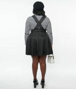 Unique Vintage Plus Size 1950s Black Pleated Suspender Mini Skirt