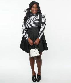 Unique Vintage Plus Size 1950s Black Pleated Suspender Mini Skirt