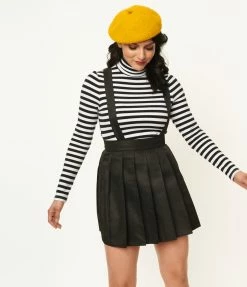Clothing Unique Vintage 1950s Black Pleated Suspender Mini Skirt