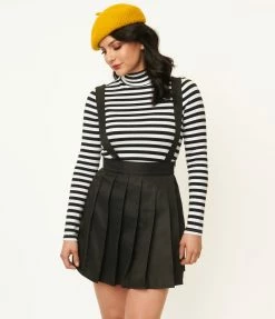 Clothing Unique Vintage 1950s Black Pleated Suspender Mini Skirt