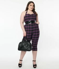 Trending Unique Vintage Plus Size Purple & Black Plaid Marcel Jumpsuit