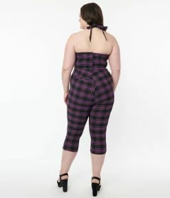 Trending Unique Vintage Plus Size Purple & Black Plaid Marcel Jumpsuit