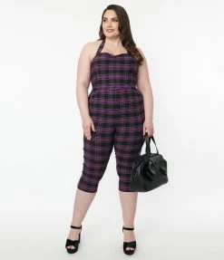 Trending Unique Vintage Plus Size Purple & Black Plaid Marcel Jumpsuit