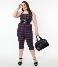 Trending Unique Vintage Plus Size Purple & Black Plaid Marcel Jumpsuit