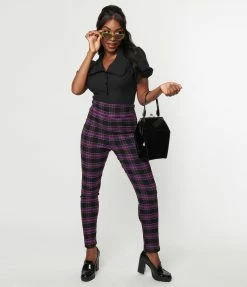 Unique Vintage Purple & Black Plaid Rizzo Cigarette Pants Trending