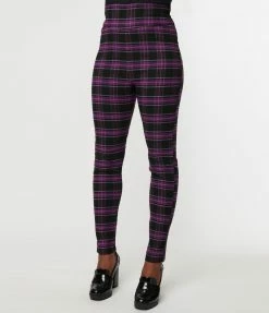 Unique Vintage Purple & Black Plaid Rizzo Cigarette Pants Trending