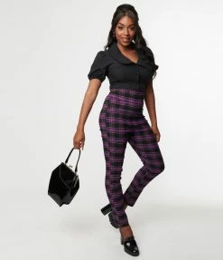 Unique Vintage Purple & Black Plaid Rizzo Cigarette Pants Trending