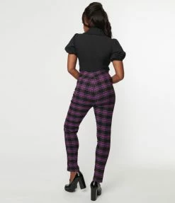 Unique Vintage Purple & Black Plaid Rizzo Cigarette Pants Trending