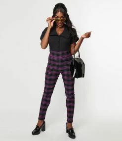 Unique Vintage Purple & Black Plaid Rizzo Cigarette Pants Trending