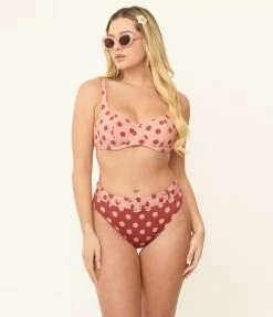 Swimwear Kingdom & State Dusty Pink & Burgundy Polka Dot Swim Top