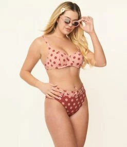 Swimwear Kingdom & State Dusty Pink & Burgundy Polka Dot Swim Top