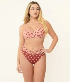 Swimwear Kingdom & State Dusty Pink & Burgundy Polka Dot Swim Top