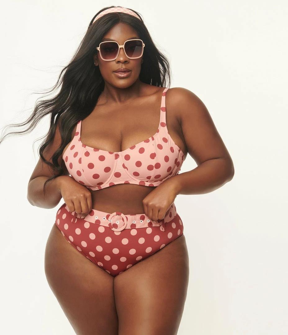 Kingdom & State Plus Size Burgundy & Dusty Pink Polka Dot Swim Bottoms Swimwear