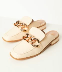 Mata Group Cream & Rhinestone Loafer Mule Flats